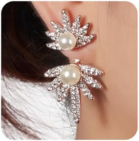 Jumwrit مابل ليف أقراط اللؤلؤ سترة الأذن الأقراط الأمامية الخلفية تتدلى الأقراط حجر الراين سترة الأذن الكفة الأقراط للنساء الفتيات in Kuwait