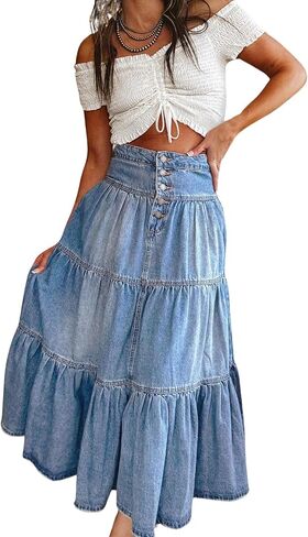 utcoco Women's High Waist Long Denim Skirt Button-Fly Tiered Ruffle Swing A-Line Jean Maxi Skirt with Pockets in Saudi Arabia