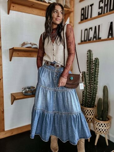 utcoco Women's High Waist Long Denim Skirt Button-Fly Tiered Ruffle Swing A-Line Jean Maxi Skirt with Pockets in Saudi Arabia