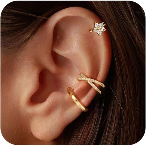 3Pcs Ear Cuffs Non Piercing for Women - Trendy 14K Gold Plated Cuffs Earrings with Cubic Zirconia - Dainty Cartilage Earring Jewelry in Saudi Arabia