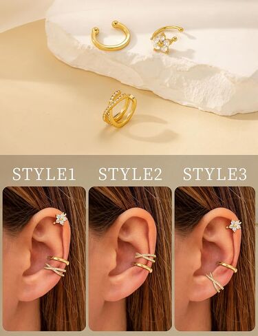 3Pcs Ear Cuffs Non Piercing for Women - Trendy 14K Gold Plated Cuffs Earrings with Cubic Zirconia - Dainty Cartilage Earring Jewelry in Saudi Arabia