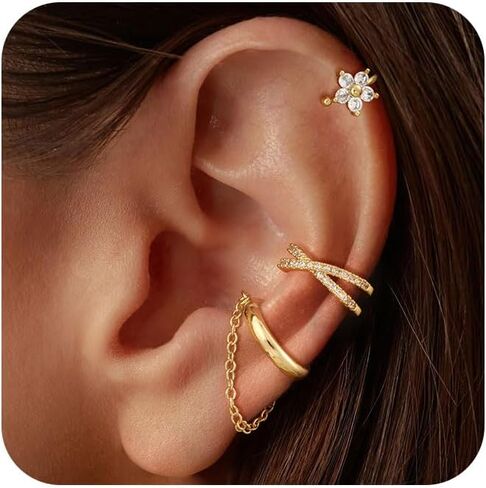 3Pcs Ear Cuffs Non Piercing for Women - Trendy 14K Gold Plated Cuffs Earrings with Cubic Zirconia - Dainty Cartilage Earring Jewelry in Saudi Arabia