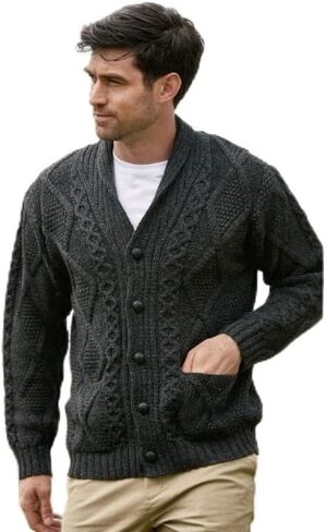 100% Irish Merino Wool Men's Shawl Neck Cardigan Sweater with Pockets (Charcoal, Extra Large) in Saudi Arabia