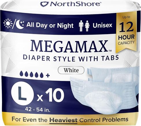 NorthShore MegaMax Adult Overnight Diapers, 12-Hour Tab-Style, Large, 10 Count Bag, White, 42-54 inches, Unisex Incontinence Underwear in Saudi Arabia