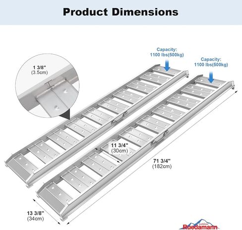 Ruedamann 4Ft Aluminum Loading Ramp 3520 Lbs Capacity, Hook End Car Ramp with Load Straps for ATVs, Motorcycles, Mowers, Carts, Pack of 2 in Saudi Arabia