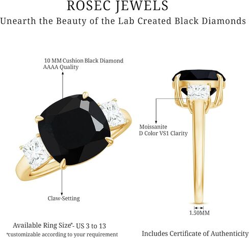 Certified Lab Grown Black Diamond Ring with Moissanite, AAAA Quality, Past Present Future Engagement Ring - Ready To Gift in Kuwait