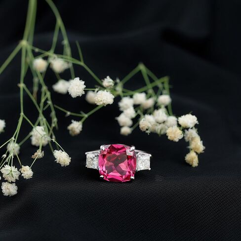 Lab Grown Pink Sapphire Past Present Future Ring with Moissanite, 3 Stone Ring, Certified 12 mm Cushion Cut, Aaaa Quality in Saudi Arabia