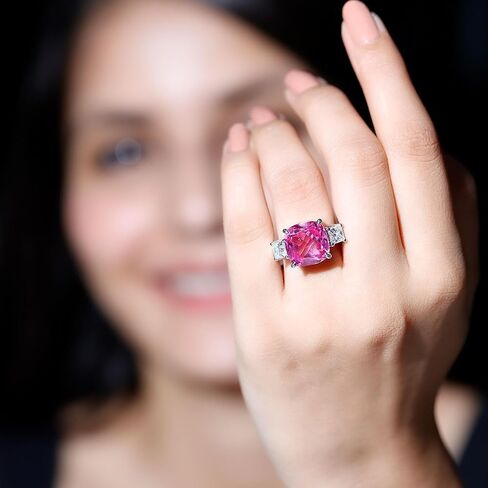 Lab Grown Pink Sapphire Past Present Future Ring with Moissanite, 3 Stone Ring, Certified 12 mm Cushion Cut, Aaaa Quality in Saudi Arabia