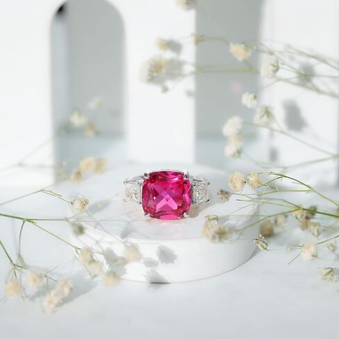 Lab Grown Pink Sapphire Past Present Future Ring with Moissanite, 3 Stone Ring, Certified 12 mm Cushion Cut, Aaaa Quality in Saudi Arabia