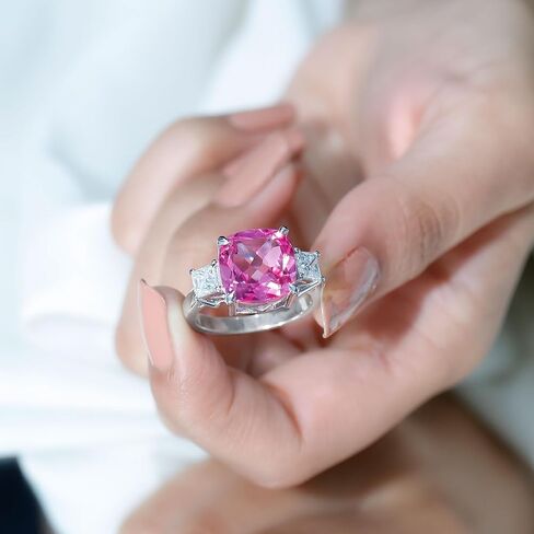 Lab Grown Pink Sapphire Past Present Future Ring with Moissanite, 3 Stone Ring, Certified 12 mm Cushion Cut, Aaaa Quality in Saudi Arabia
