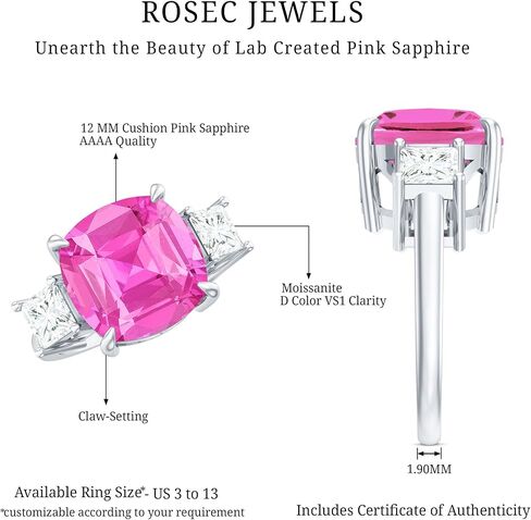 Lab Grown Pink Sapphire Past Present Future Ring with Moissanite, 3 Stone Ring, Certified 12 mm Cushion Cut, Aaaa Quality in Saudi Arabia
