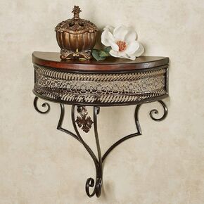 Touch of Class Charleston Ornate Openwork Wall Shelf Display Bronze | Metal Framework | Cherry Finish Wood Top | Vintage Wall Shelf for Bedroom, Living Room, Bathroom, Entryway and More.