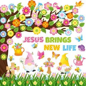 Zonon 114 Pcs Christian Spring Classroom Bulletin Board Decorations Flower Tree Bulletin Board Set Religious Spring Cutouts for Sunday School Kids Office School DIY Projects Chalkboard Supply
