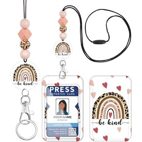 Plifal Teacher Lanyard for ID Badge Card, Cute Be Kind Leopard Rainbow Women Beaded Breakaway Neck Lanyards Name Tag Badges Holder Aesthetic Work Keys Accessories