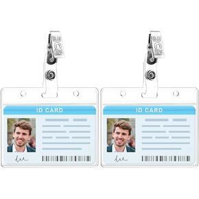 Clear ID Badge Holder with Metal Badge Clips, 2 Pack Soft Plastic Badge Card Sleeves Waterproof Credit Card Protector Transparent Name Card Case for Nurses Office School (Horizontal)