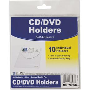 C-Line Self-Adhesive CD Holder, 1 Disc Capacity, Clear, 10/Pack