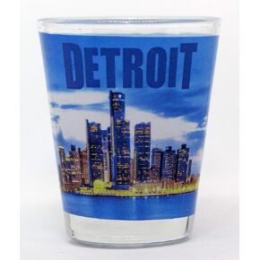 Detroit Michigan Blue Skyline Photo Shot Glass