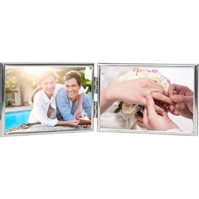 إطار صورة معدني بحافة رفيعة مزدوجة، قائم أفقي، ظهر مخملي، تصميم كلاسيكي بسيط (مزدوج 5x3.5، فضي) in Kuwait