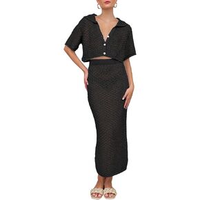 Saodimallsu Women Crochet Beach Cover Up Set Knit Crop Button Short Sleeve Collar Top Bodycon Long Skirt 2 Piece Outfits