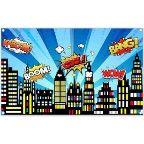 ZTHMOE 72x43inch Superhero Cityscape Backdrop American Comics Style Building Scenes Photography Background Birthday Party Cake Table Decorations Banner Photo Prop