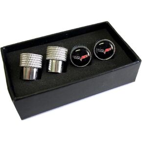 C6 Corvette Crossed Flags Logo Aluminum Valve Stem Caps Knurled