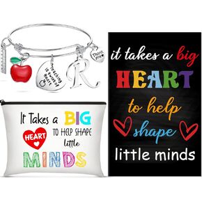 Kenning 3 Pieces Teacher Appreciation Gift Set, Teacher Inspirational Notebook with Quotes, Teacher Makeup Bag with Zipper and Teacher Bracelet with Initial for Women School Office (Letter B)