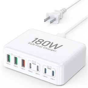 180W USB C Fast Charger 7 Port Compact PD GaN Fast Charger Charging Station Block Hub USB C Laptop Power Adapter Compatible with MacBook Pro/Air iPad Pro iPhone 15 14 13 12 Galaxy S23 Note 20 Pixel LG