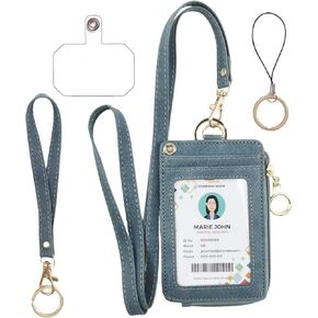 Bolimoss 2-in-1 ID Badge Holder & Lanyard Wallet, Credit Card Holders with Breakaway Wristlet & Neck Lanyard, Leather ID Name Badge 5 Card Slots Zipper Purses for Offices, School, Driver Licence