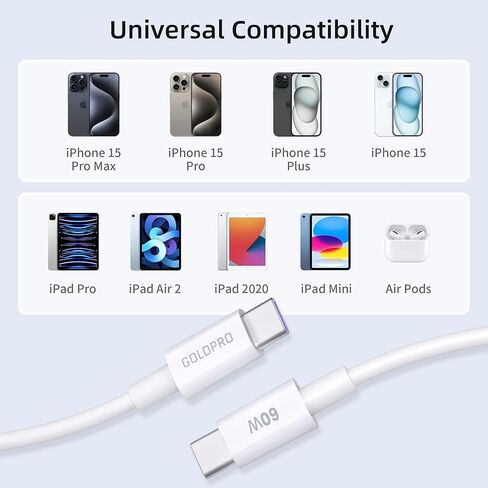 كابل شحن سريع 60 وات USB C إلى C سلك شاحن سريع عالي الطاقة متوافق مع 15 سلسلة iPhone، كابل 4FT للشحن اليومي للمكتب المنزلي in Kuwait