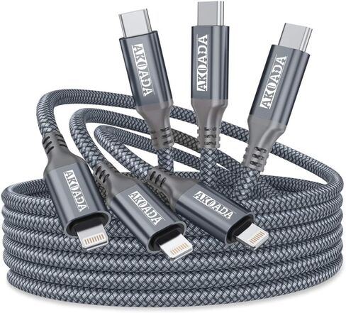 كابل AkoaDa USB C إلى Lightning بطول 10 أقدام، كابل شحن سريع من النايلون من النوع C لهاتف iPhone 12/12 Pro/11 Pro Max/X/XS/XR/8/8 Plus، iPad والمزيد، يدعم توصيل الطاقة (رمادي) in Kuwait