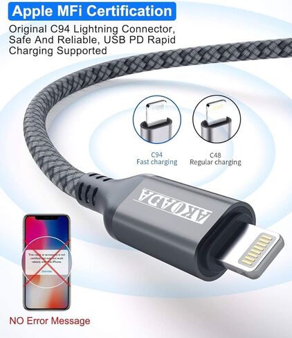 كابل AkoaDa USB C إلى Lightning بطول 10 أقدام، كابل شحن سريع من النايلون من النوع C لهاتف iPhone 12/12 Pro/11 Pro Max/X/XS/XR/8/8 Plus، iPad والمزيد، يدعم توصيل الطاقة (رمادي) in Kuwait