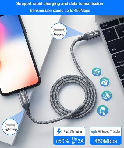 كابل AkoaDa USB C إلى Lightning بطول 10 أقدام، كابل شحن سريع من النايلون من النوع C لهاتف iPhone 12/12 Pro/11 Pro Max/X/XS/XR/8/8 Plus، iPad والمزيد، يدعم توصيل الطاقة (رمادي) in Kuwait