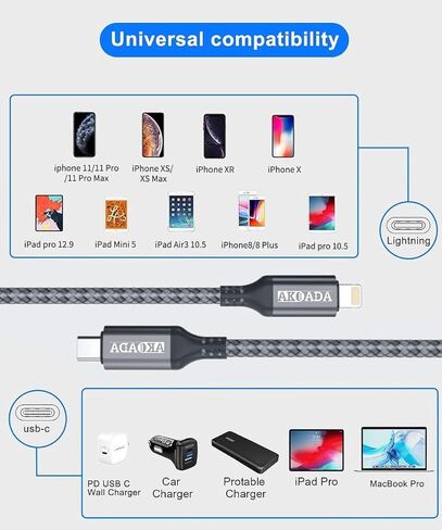 كابل AkoaDa USB C إلى Lightning بطول 10 أقدام، كابل شحن سريع من النايلون من النوع C لهاتف iPhone 12/12 Pro/11 Pro Max/X/XS/XR/8/8 Plus، iPad والمزيد، يدعم توصيل الطاقة (رمادي) in Kuwait