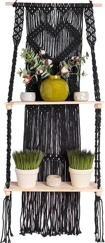 Black Macrame Shelf | Boho Style with Two Tier Wood Shelves | Beautiful Handmade Macrame Shelf for Hanging Plants and Decor | Boho Wall Decor with Macrame Rope and Shelf in Kuwait