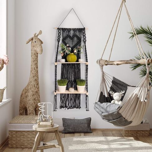 Black Macrame Shelf | Boho Style with Two Tier Wood Shelves | Beautiful Handmade Macrame Shelf for Hanging Plants and Decor | Boho Wall Decor with Macrame Rope and Shelf in Kuwait