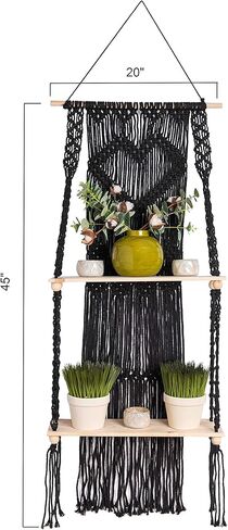 Black Macrame Shelf | Boho Style with Two Tier Wood Shelves | Beautiful Handmade Macrame Shelf for Hanging Plants and Decor | Boho Wall Decor with Macrame Rope and Shelf in Kuwait
