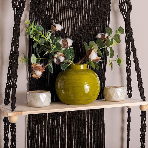 Black Macrame Shelf | Boho Style with Two Tier Wood Shelves | Beautiful Handmade Macrame Shelf for Hanging Plants and Decor | Boho Wall Decor with Macrame Rope and Shelf in Kuwait