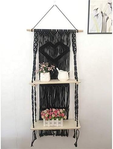 Black Macrame Shelf | Boho Style with Two Tier Wood Shelves | Beautiful Handmade Macrame Shelf for Hanging Plants and Decor | Boho Wall Decor with Macrame Rope and Shelf in Kuwait