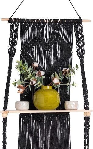 Black Macrame Shelf | Boho Style with Two Tier Wood Shelves | Beautiful Handmade Macrame Shelf for Hanging Plants and Decor | Boho Wall Decor with Macrame Rope and Shelf in Kuwait