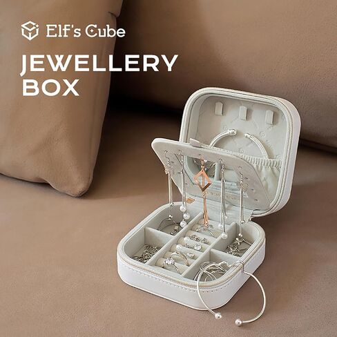 صندوق تخزين المجوهرات الأبيض المكعب من Elf's Cube مع مرآة، منظم مجوهرات صغير ومحمول للسفر، صندوق مجوهرات صغير للفتيات والنساء in Saudi Arabia