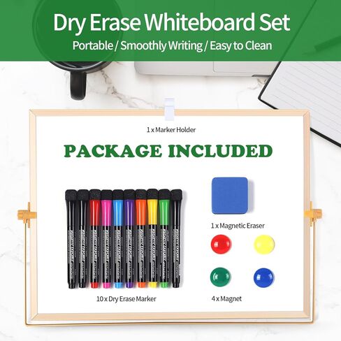 سبورة بيضاء قابلة للمسح الجاف - سبورة بيضاء مغناطيسية لسطح المكتب مقاس 12 × 16 بوصة مع حامل و8 أقلام تحديد و4 مغناطيسات وممحاة واحدة - حامل سبورة بيضاء محمول مزدوج الجوانب للأطفال بعمر 3 سنوات فما فوق/الرسم/قائمة المهام/الجدار/المكتب/المدرسة in Kuwait
