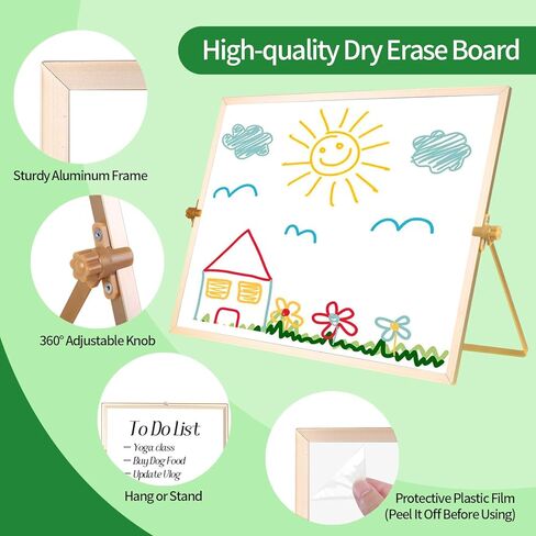 سبورة بيضاء قابلة للمسح الجاف - سبورة بيضاء مغناطيسية لسطح المكتب مقاس 12 × 16 بوصة مع حامل و8 أقلام تحديد و4 مغناطيسات وممحاة واحدة - حامل سبورة بيضاء محمول مزدوج الجوانب للأطفال بعمر 3 سنوات فما فوق/الرسم/قائمة المهام/الجدار/المكتب/المدرسة in Kuwait