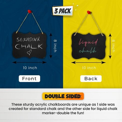 3 Hanging Chalkboard Signs Large 8x10 Acrylic - Double Sided | Standard Chalk & Other Side for Liquid Chalk Marker- Memo Message Sign - Mini Blackboard - Crafts (Advanced Group Corp.) in Saudi Arabia