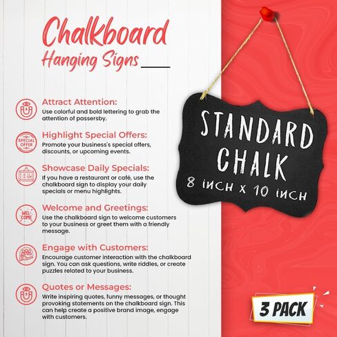 3 Hanging Chalkboard Signs Large 8x10 Acrylic - Double Sided | Standard Chalk & Other Side for Liquid Chalk Marker- Memo Message Sign - Mini Blackboard - Crafts (Advanced Group Corp.) in Saudi Arabia