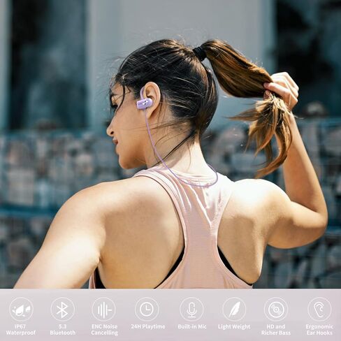 سماعات رأس لاسلكية، سماعات بلوتوث 5.3 HD باس ستيريو، إلغاء الضوضاء سماعات أذن داخل الأذن IP67 مقاومة للماء سماعات أذن رياضية 24 ساعة وقت تشغيل للجري والتمرين في صالة الألعاب الرياضية in Kuwait