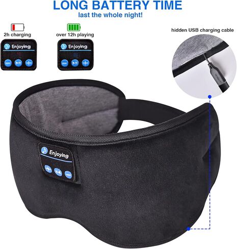 Bluetooth Headphones Headband Eye Mask Wireless Bluetooth Sleep Mask for Side Sleepers Velcro Adjustable Bluetooth 5.2 Speaker Microphones Airplane Travel Light Blocking Music Eye Cover, Black in Saudi Arabia