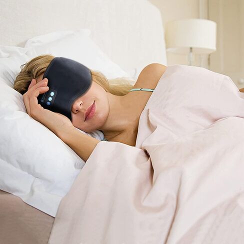 Bluetooth Headphones Headband Eye Mask Wireless Bluetooth Sleep Mask for Side Sleepers Velcro Adjustable Bluetooth 5.2 Speaker Microphones Airplane Travel Light Blocking Music Eye Cover, Black in Saudi Arabia
