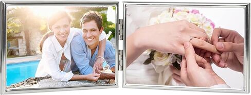 إطار صورة معدني بحافة رفيعة مزدوجة، قائم أفقي، ظهر مخملي، تصميم كلاسيكي بسيط (مزدوج 5x3.5، فضي) in Kuwait