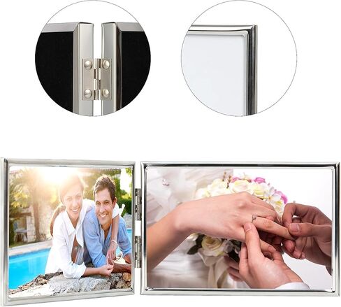 إطار صورة معدني بحافة رفيعة مزدوجة، قائم أفقي، ظهر مخملي، تصميم كلاسيكي بسيط (مزدوج 5x3.5، فضي) in Kuwait