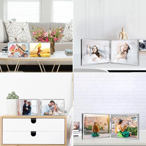 إطار صورة معدني بحافة رفيعة مزدوجة، قائم أفقي، ظهر مخملي، تصميم كلاسيكي بسيط (مزدوج 5x3.5، فضي) in Kuwait